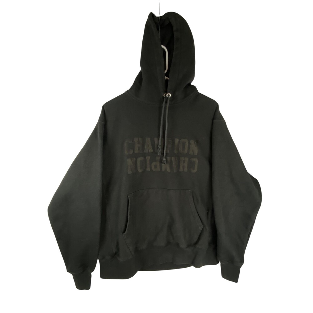 Champion Reverse Weave Hoodie Sweatshirt Mens Large Black Pullover Fleece Logo